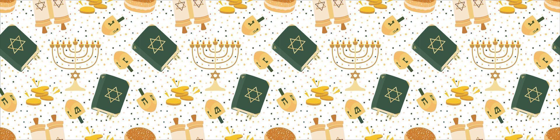 Hanukkah Jewish seamless pattern with Menorah, Torah, Star of David, dreidel, coins and Sufganiyah. Holiday endless background. vector