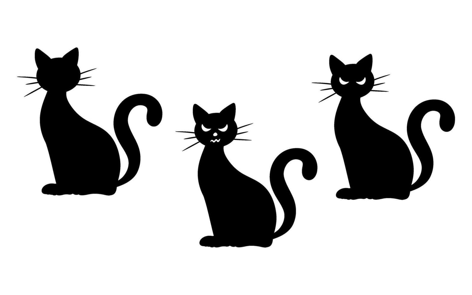 Spooky Halloween black cat silhouette illustrations set. Graphic monochrome drawing. Hand drawn witch cat outline illustration. For invitation, decoration, banner, poster, print. vector