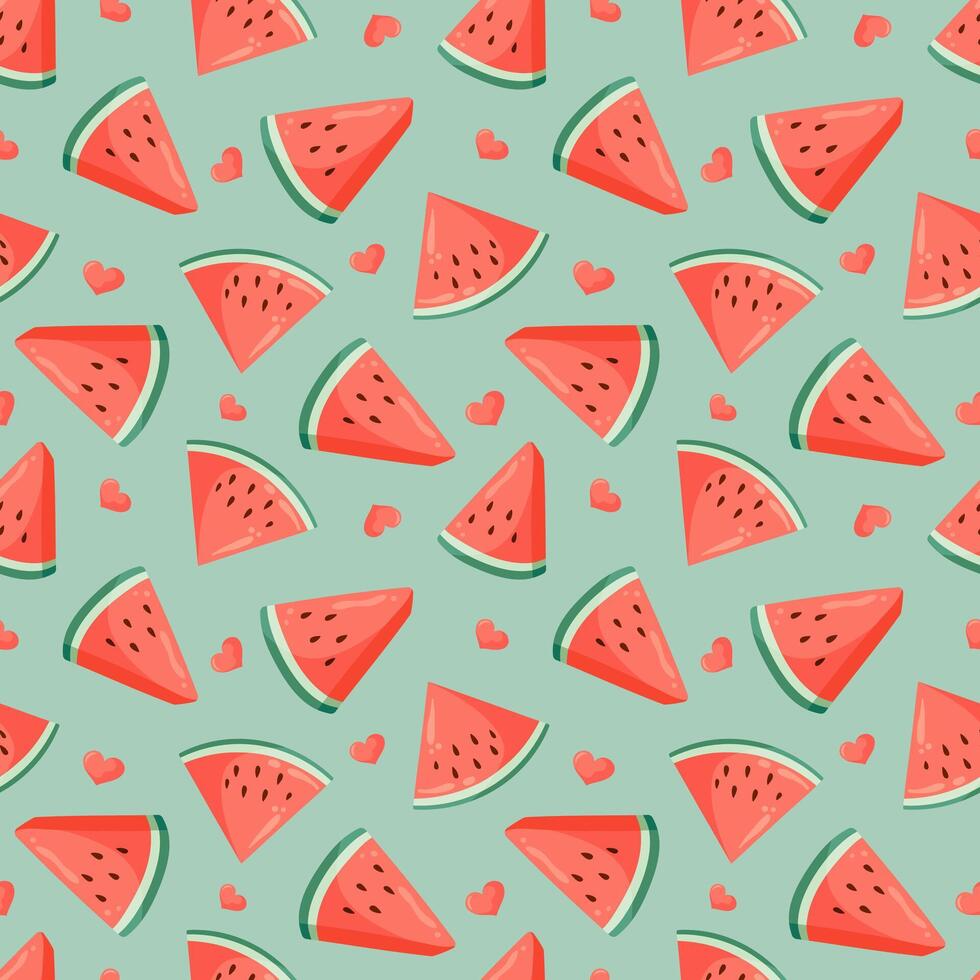 Juicy watermelon slices with small hearts seamless pattern. Summer fruit flat illustration. Tropical fruit background for baby fabric, kids textile, packaging, wrapping, scrapbook, wallpaper. vector
