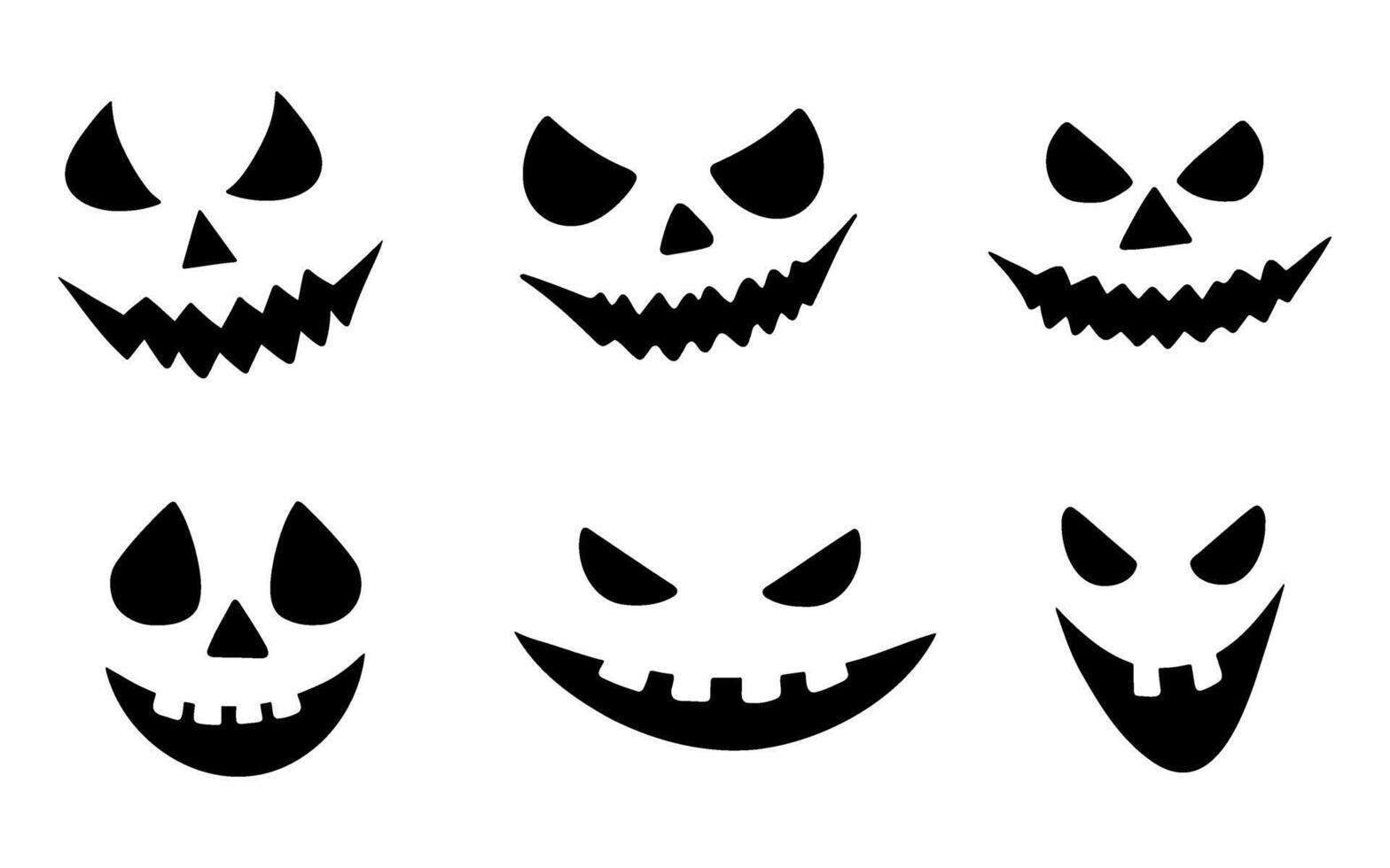 Spooky Halloween pumpkin face silhouette illustrations set. Laughing Jack o lantern grimace drawings. Funny and scary monster eyes and mouth. Hand drawn outline sketch, engraved illustration. vector