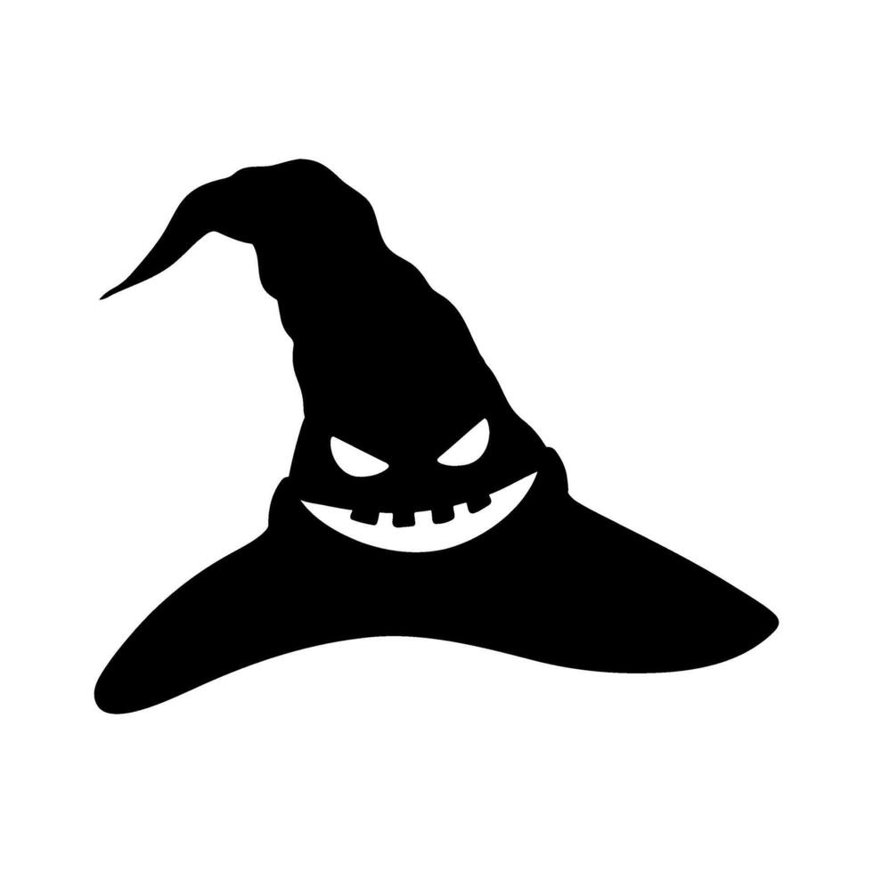 Sinister laughing Halloween witch hat silhouette illustration. Graphic monochrome drawing. Hand drawn outline sketch, engraved illustration. Design element for party invitation, decoration, banner vector