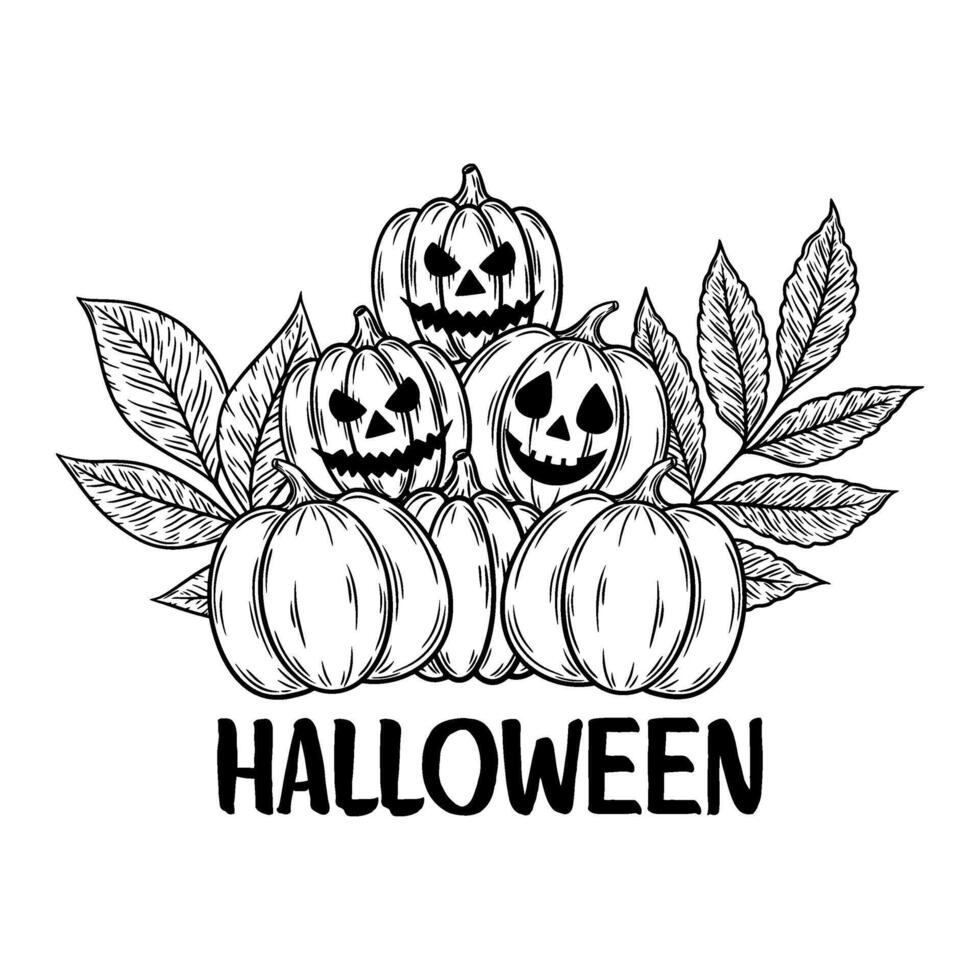 Spooky Halloween pumpkins and autumn leaves, line art illustration. Graphic monochrome drawing. Hand drawn outline sketch, engraved doodle illustration. For coloring book, invitation vector