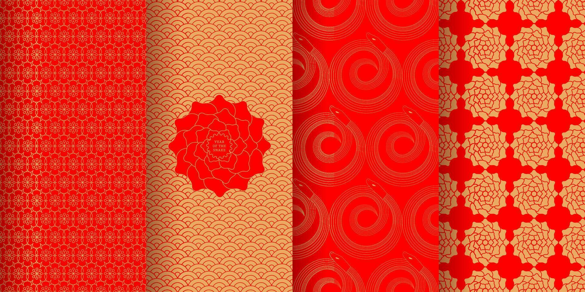 Chinese seamless patterns set. Decorative design inspired by Chinese New Year 2025, year oh the snake. isolated illustrations. vector