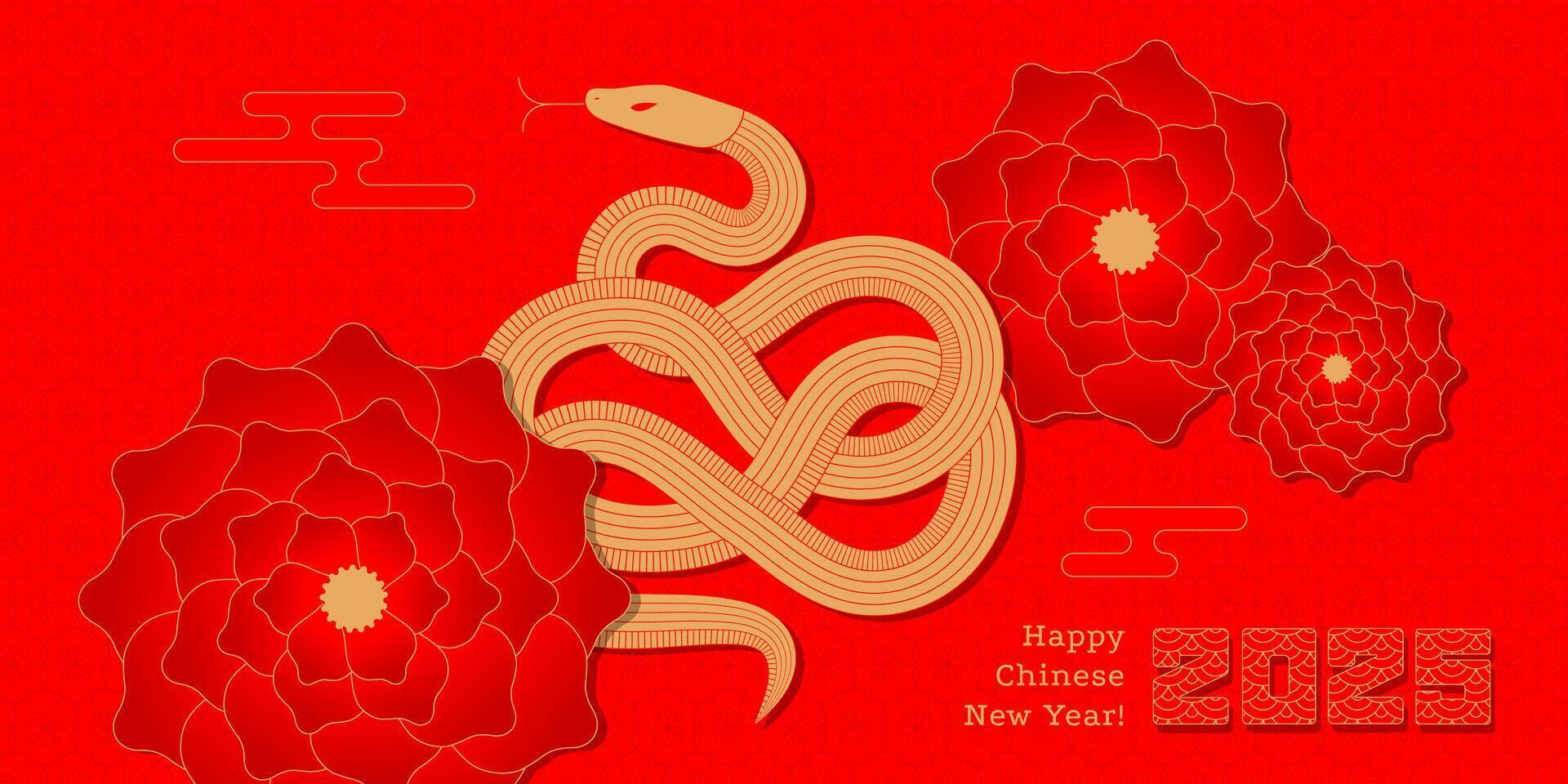 Happy Chinese Lunar New Year 2025 banner with golden snake, oriental flowers and Asian elements. Paper cut snake illustration. Spring Holiday. Red background. vector