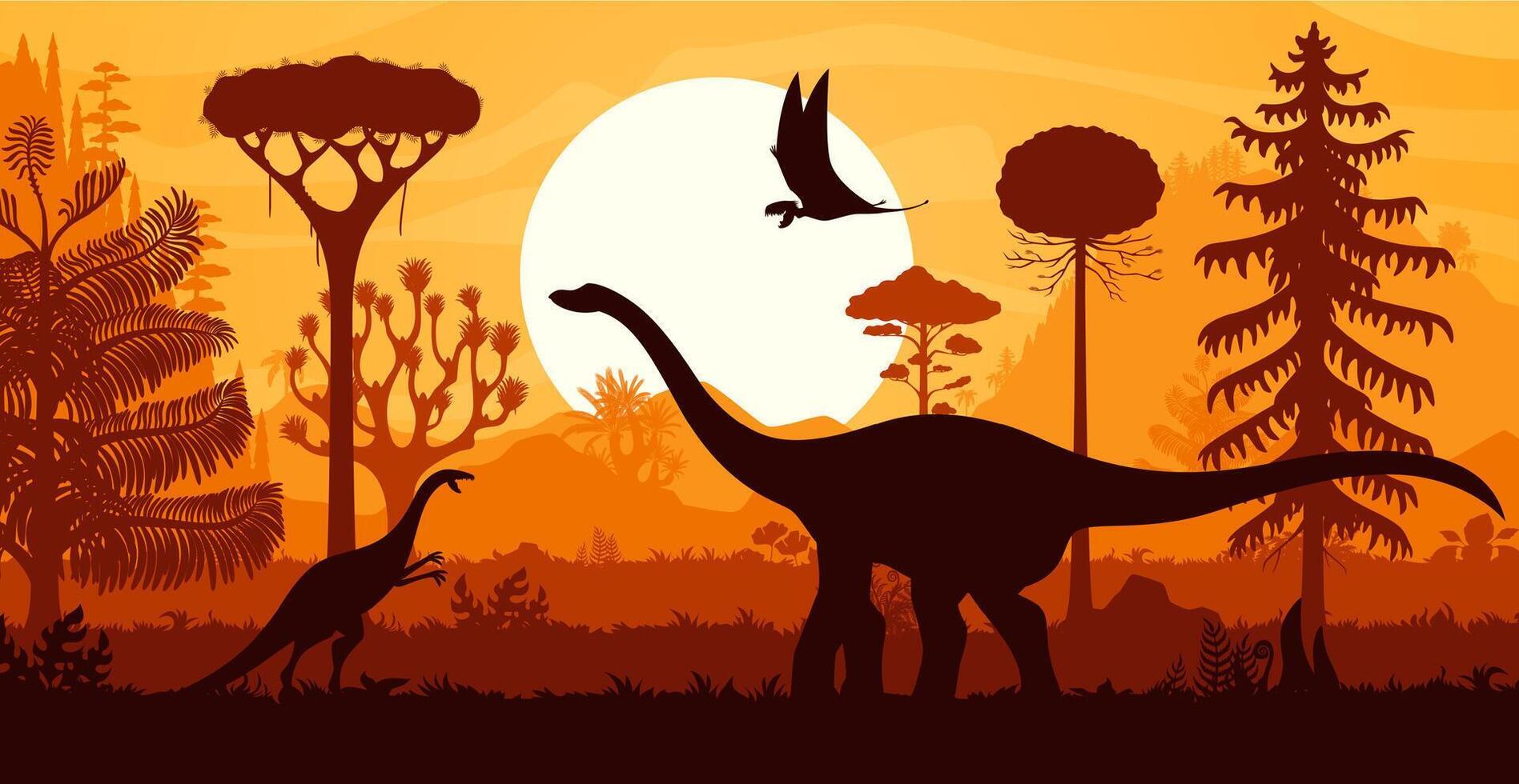 prehistoric dinosaur silhouettes, scene vector