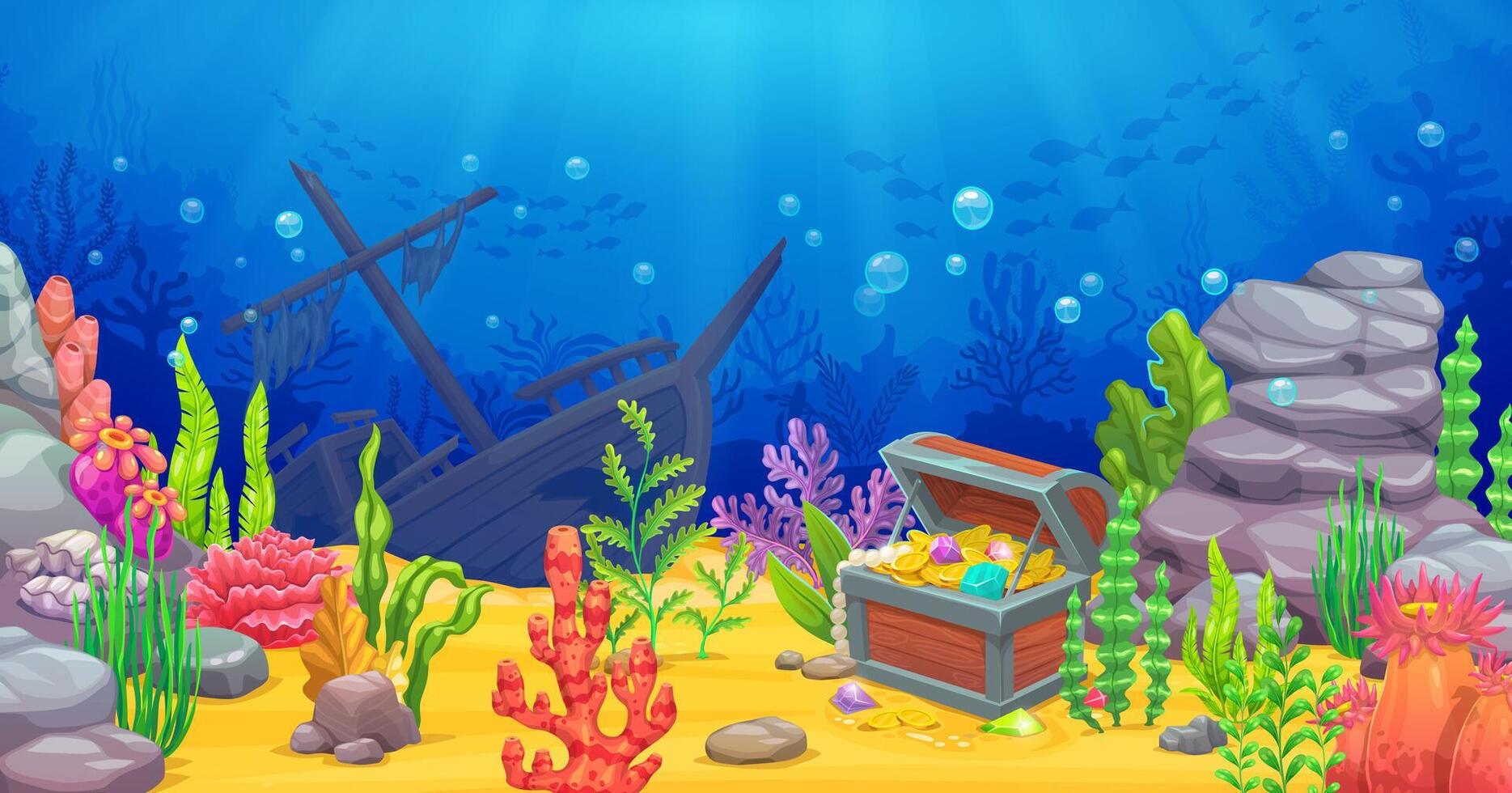 Sunken ship and pirates treasure chest, underwater vector