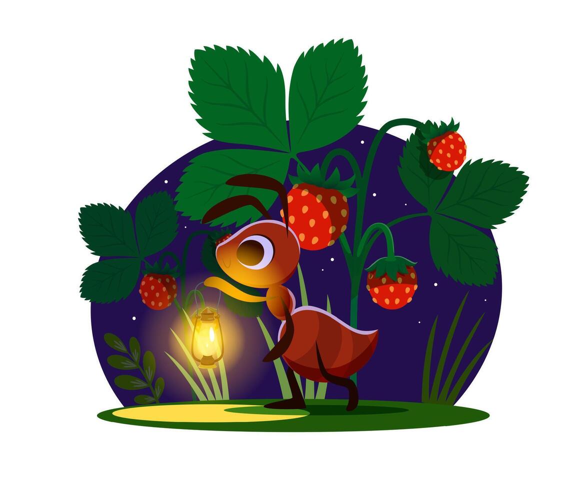 Cartoon ant with lantern on the lawn walking home vector