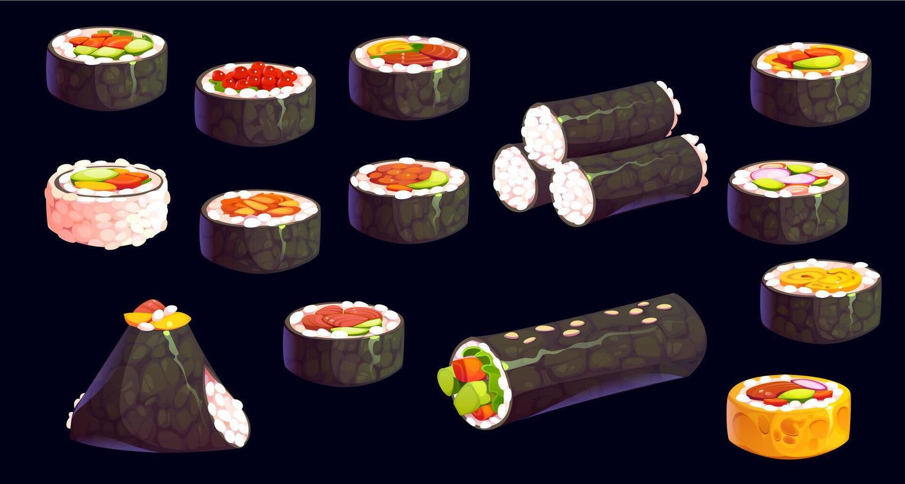 Cartoon Korean cuisine kimbap, Asian rolls set vector