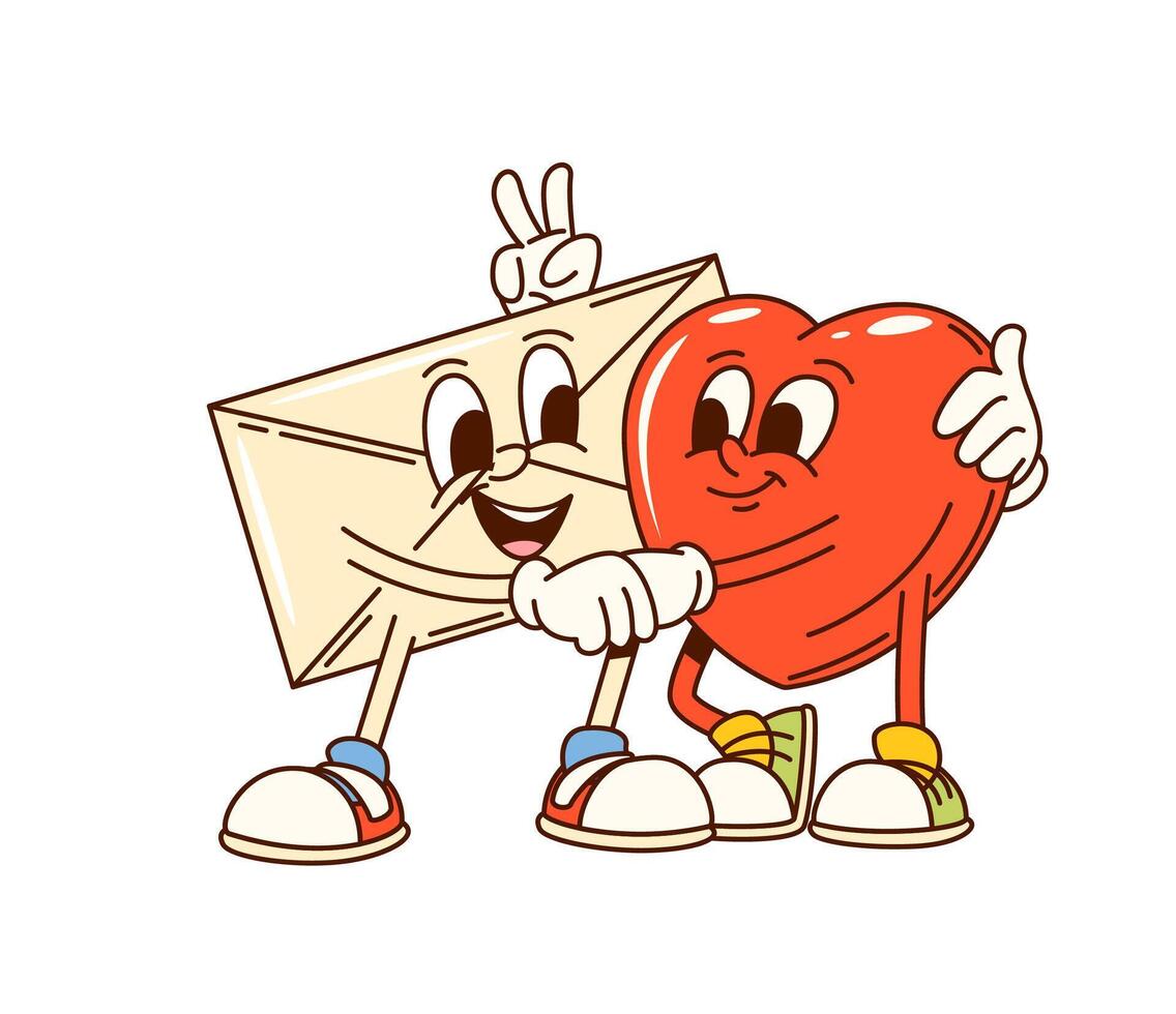 Groovy valentine heart and envelope characters vector