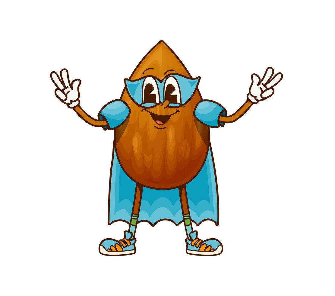 Groovy superhero almond nut character in blue cape vector