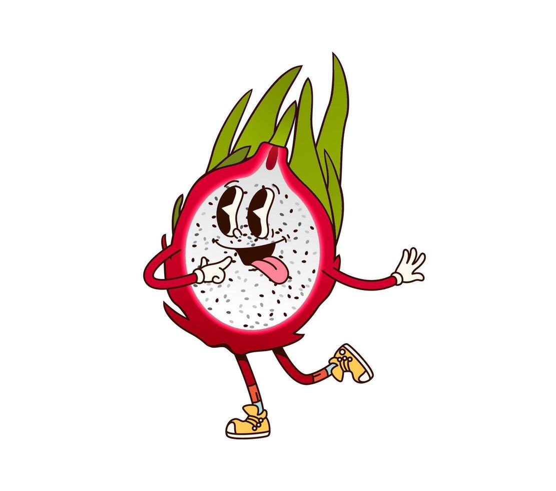 Cartoon retro groovy funny pitahaya dragon fruit vector