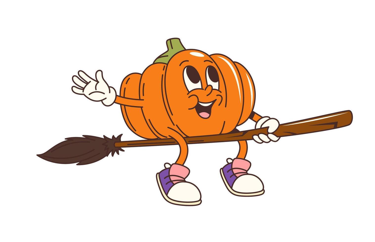 Groovy Halloween pumpkin character on witch broom vector