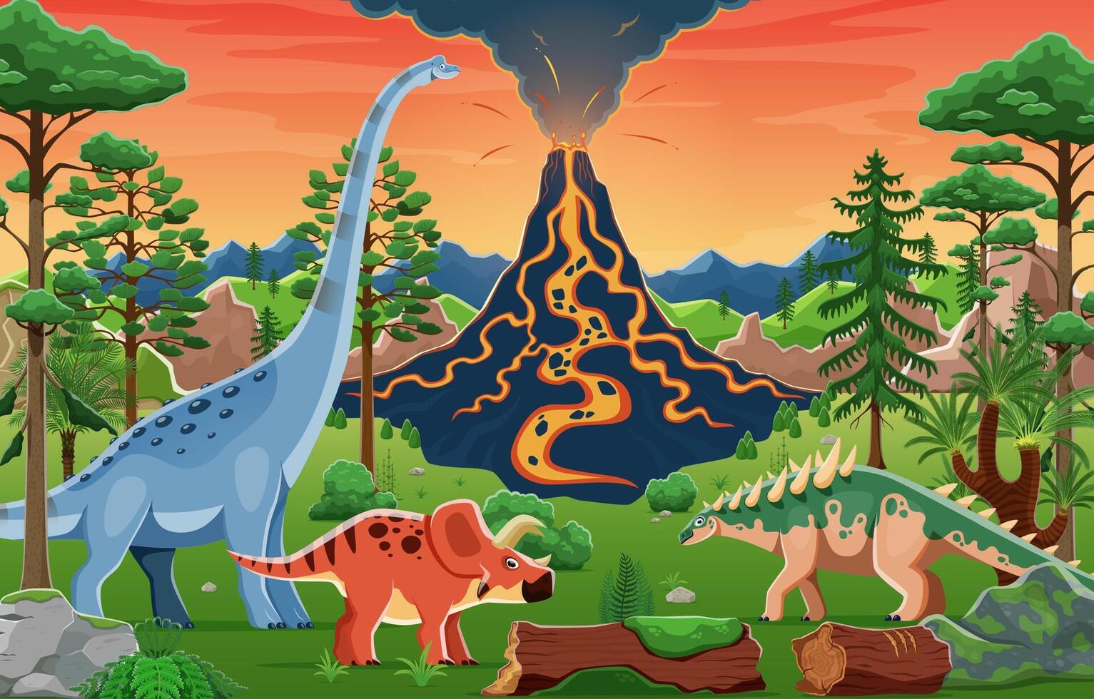 Prehistoric landscape with dinosaurs and volcano vector