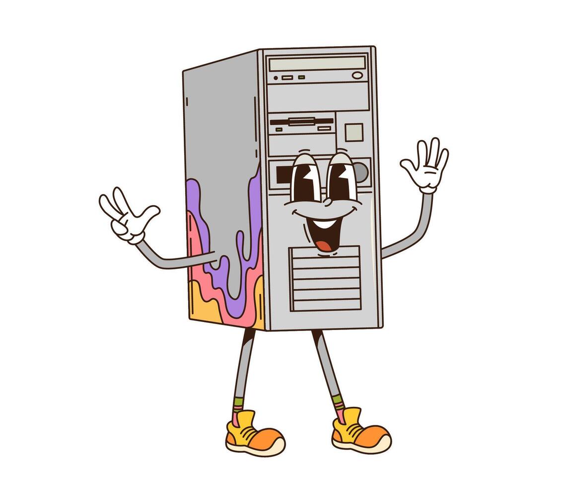 Cartoon groovy computer PC case retro character vector