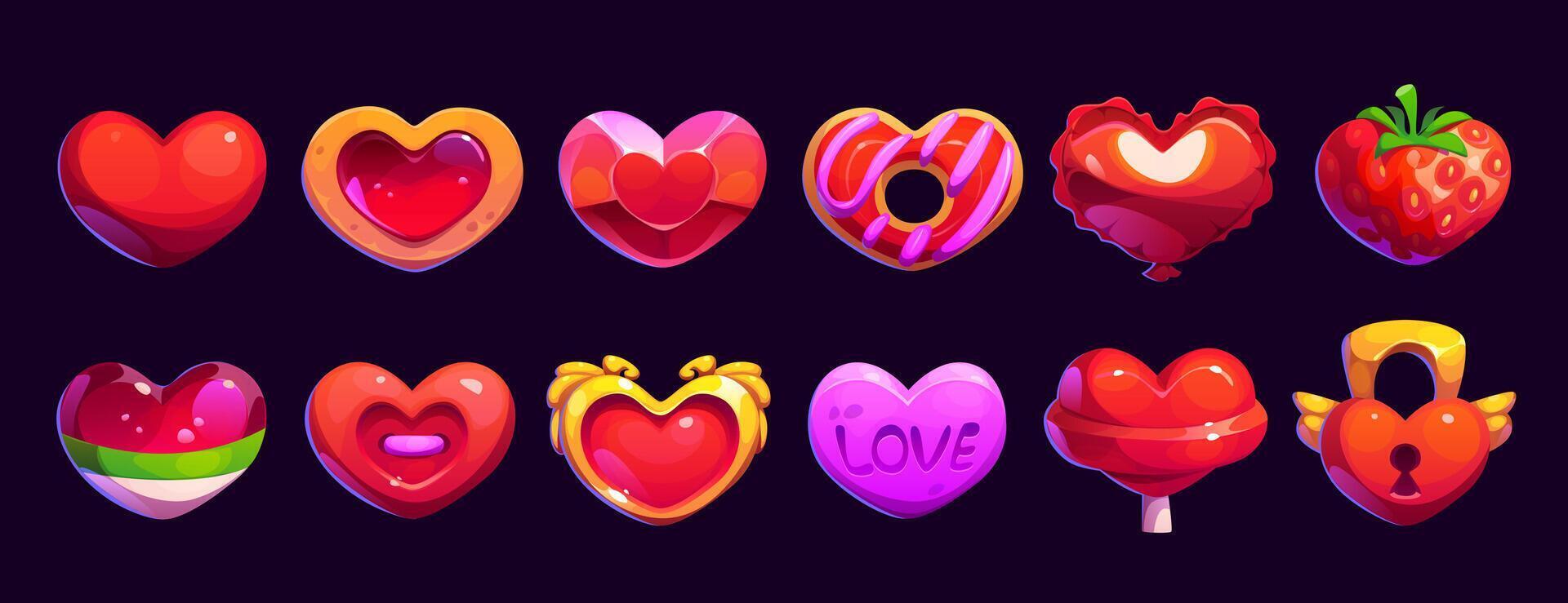 Cartoon game hearts asset, romantic love gui set vector
