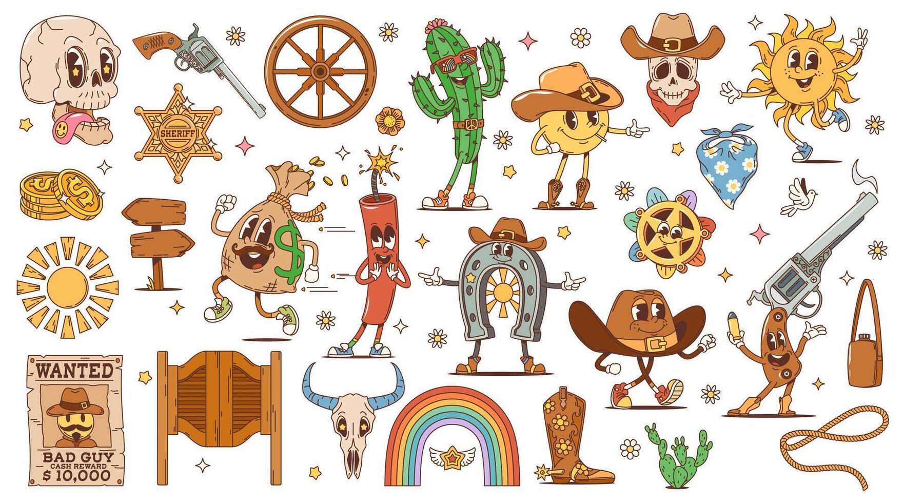 Cartoon retro Western Wild West groovy characters vector