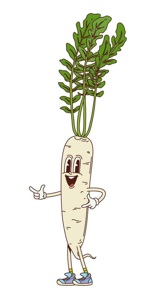 Groovy daikon vegetable retro character pointing vector