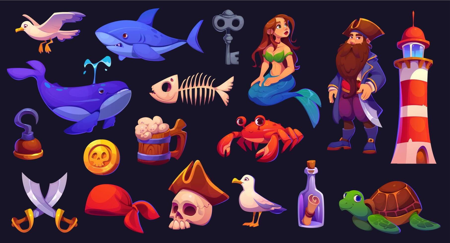 Cartoon pirate game assets and corsair characters vector