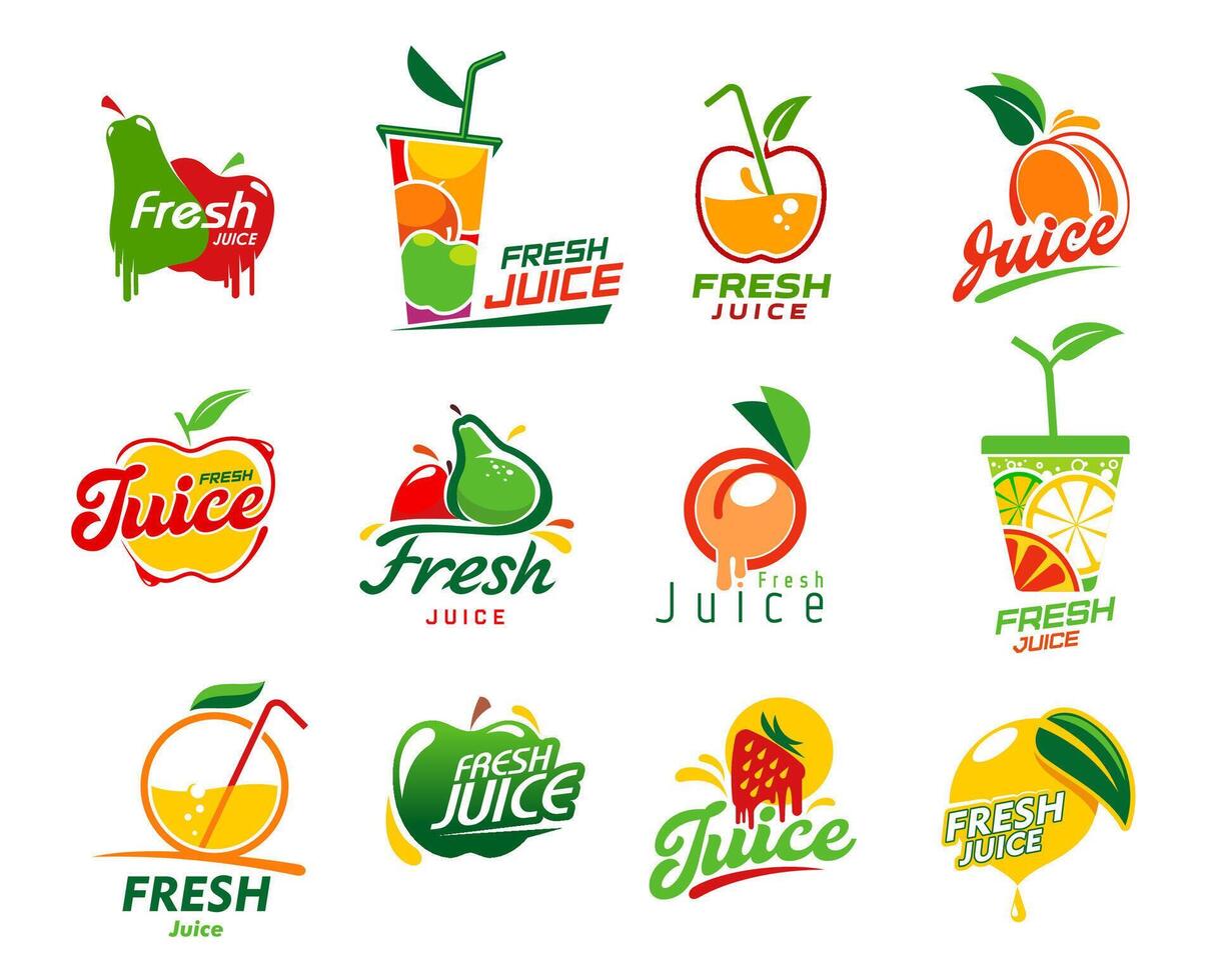Fresh juice icons, fruit drink and smoothie labels vector
