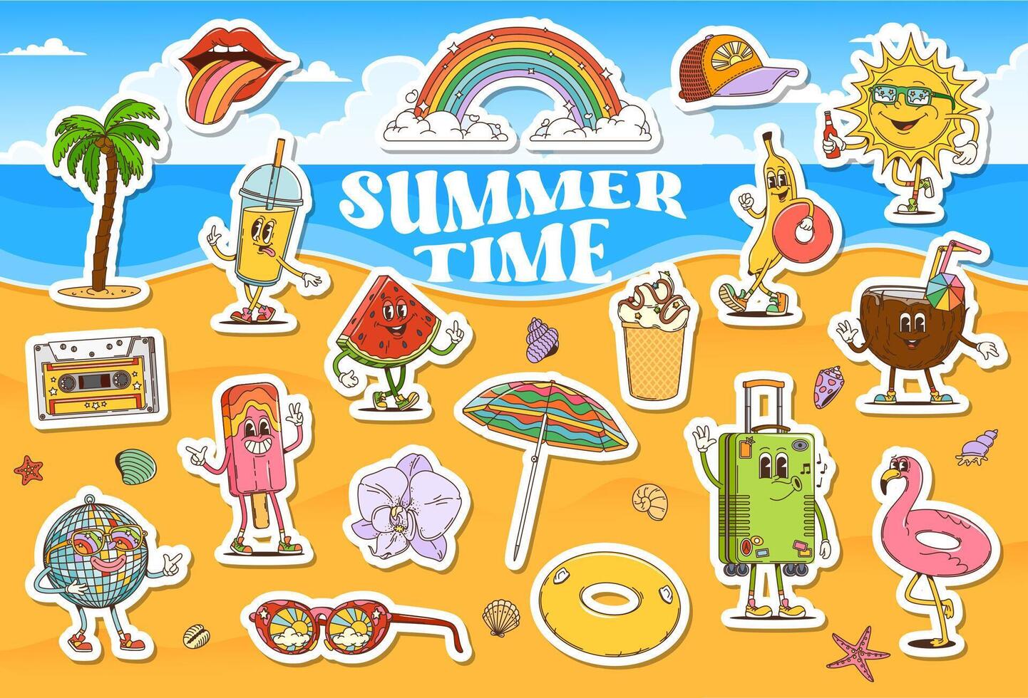 Retro cartoon groovy travel stickers set vector