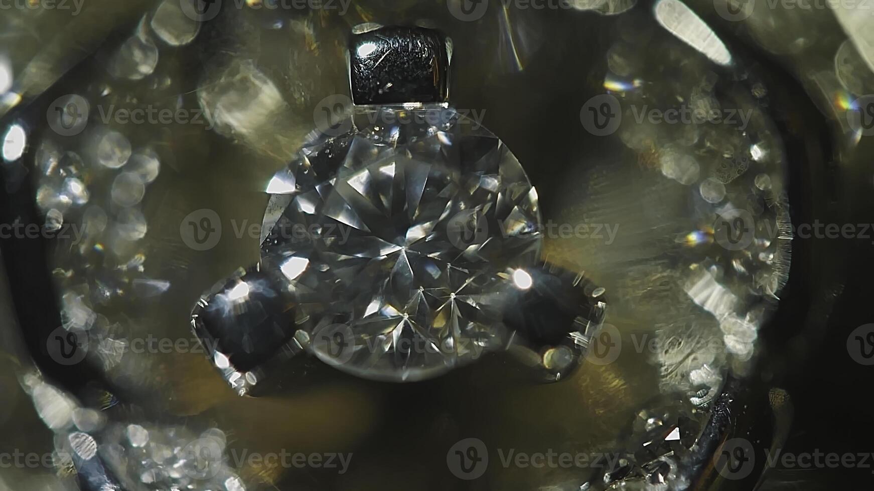 Diamond solitaire ring closeup in dark environment. Big blue diamond, closeup view. layered triangular macro diamond shapes with a small diamond over them. Round gemstone on Black Background with photo
