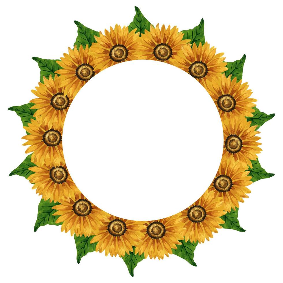 Watercolor sunflower wreath. Round frame with yellow flowers. Summer floral composition. Autumn flowers arrangement. Hand drawn botanical illustration. Design element for postcard, invitation, logo. vector