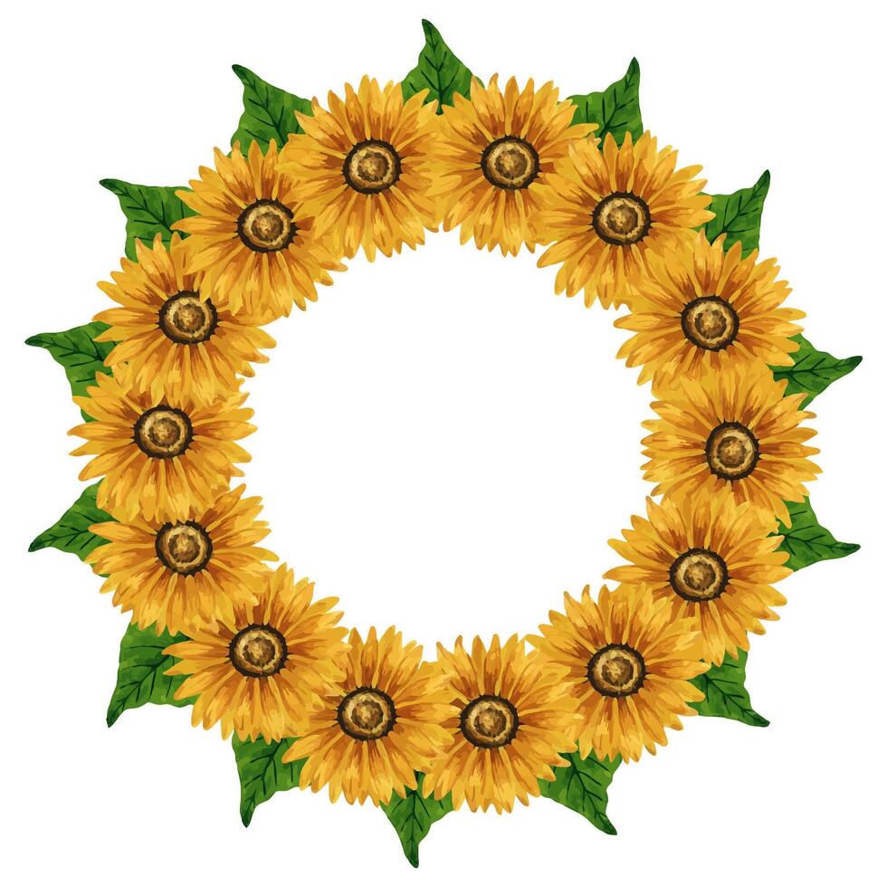 Watercolor wreath with sunflowers. Round frame with yellow flowers. Summer floral composition. Autumn flowers arrangement. Hand drawn botanical illustration. For postcard, invitation, logo. vector