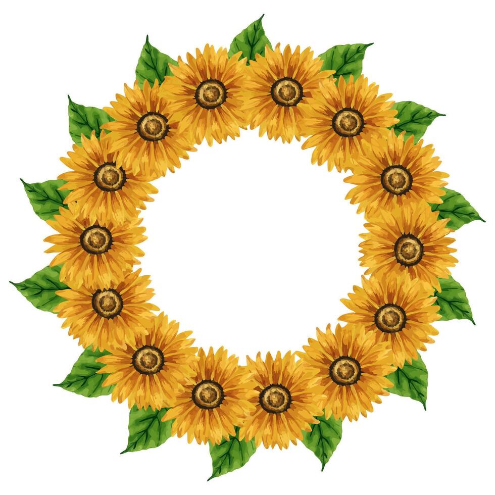 Watercolor sunflowers wreath. Round frame with yellow flowers. Summer floral composition. Autumn flowers arrangement. Hand drawn botanical illustration. Design element for postcard, invitation, logo. vector