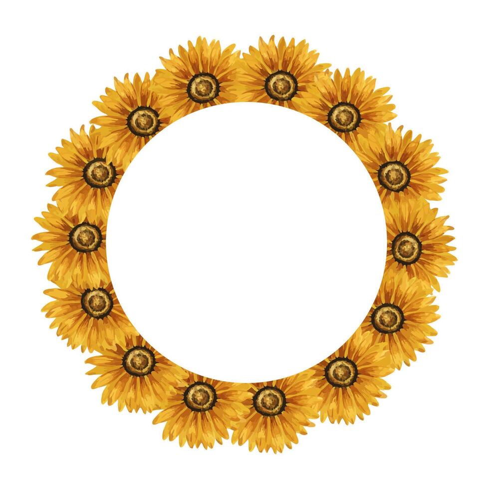 Sunflowers wreath watercolor. Round frame with yellow flowers. Summer floral composition. Autumn flowers arrangement. Hand drawn botanical illustration. Design element for postcard, invitation, logo. vector