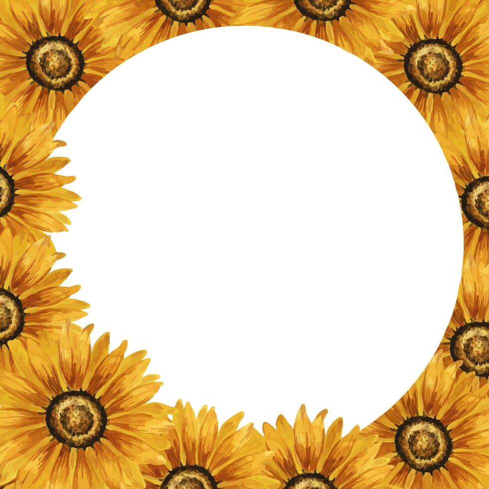 Watercolor sunflower frame. Round frame with yellow flowers. Summer floral composition. Autumn flowers arrangement. Hand drawn botanical illustration. Design element for postcard, invitation, logo. vector