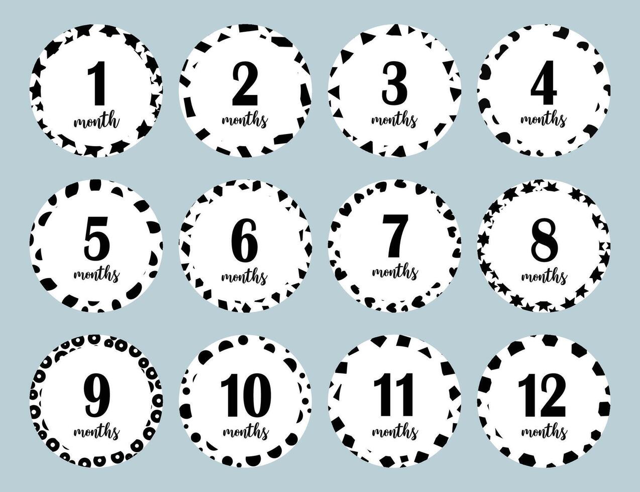 12 months black and white stickers for the baby. Different geometric patterns. Graphic design. vector