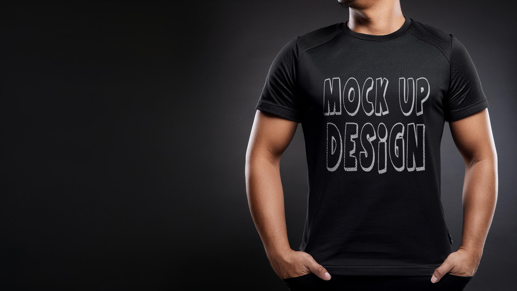 A man wearing a black t - shirt with the words mock up design on it psd