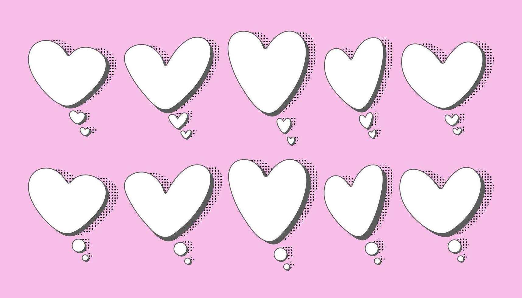 White empty think bubbles in various heart shapes with shadows. Graphic design. vector