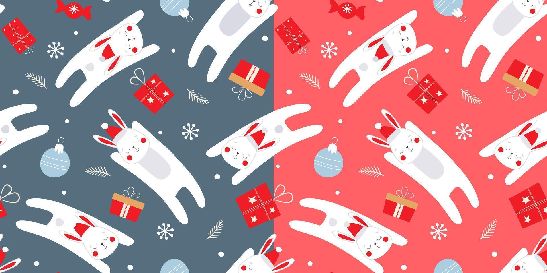 Seamless pattern with cheerful hopping rabbits in hats on a background of gifts and snowflakes. Winter holiday cute print. vector
