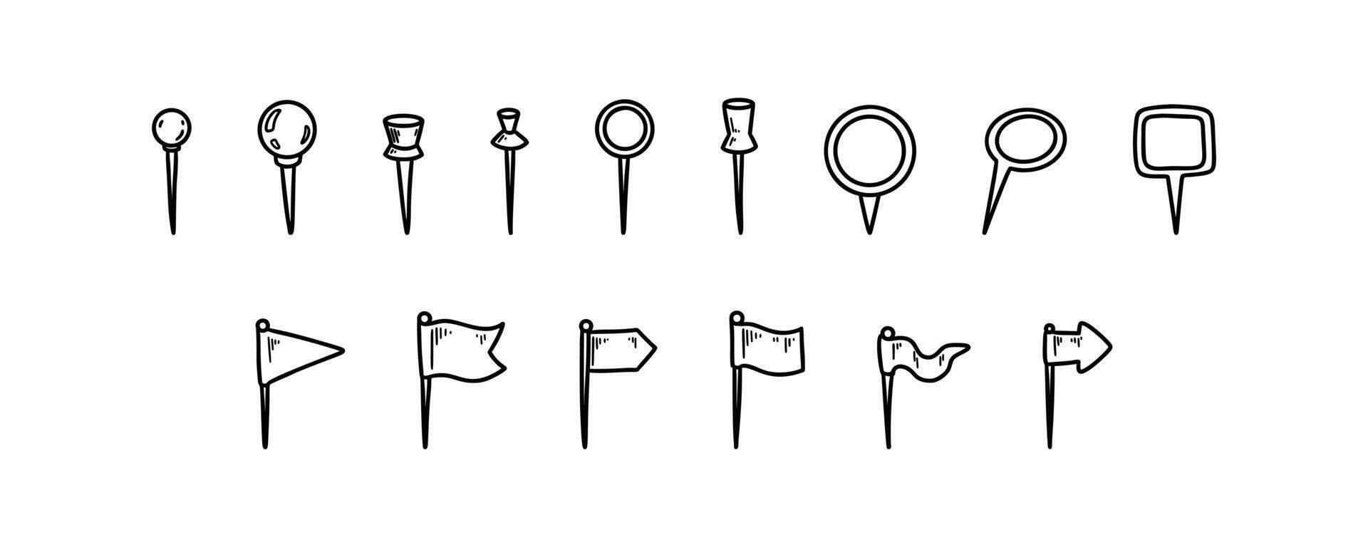 Push pin doodle set. Location, paper, document, dashboard, sewing note, map pins and flags. Hand drawn sketch illustration. Navigation thumbtack. Needles for fixing paper vector