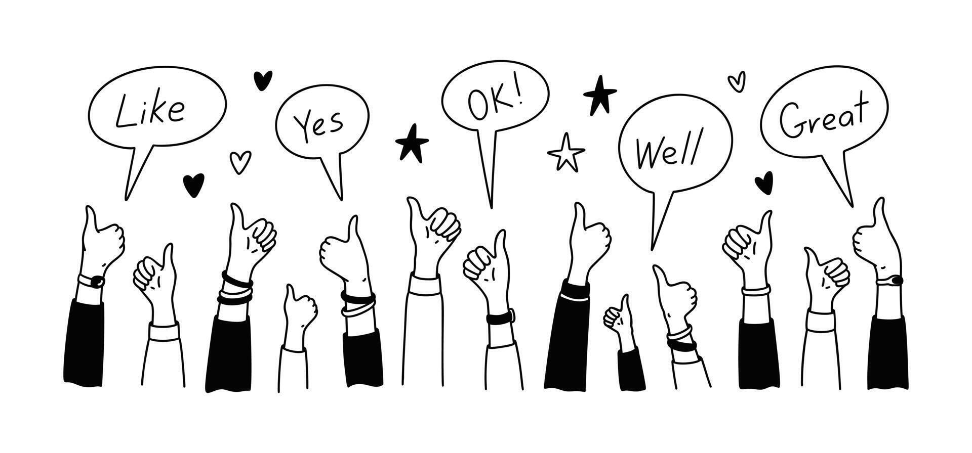 Hands up doodle background. Social media post like. Online messaging. People communication and network. Effective teamwork. Speech bubble with like, yes, ok, well, great words vector