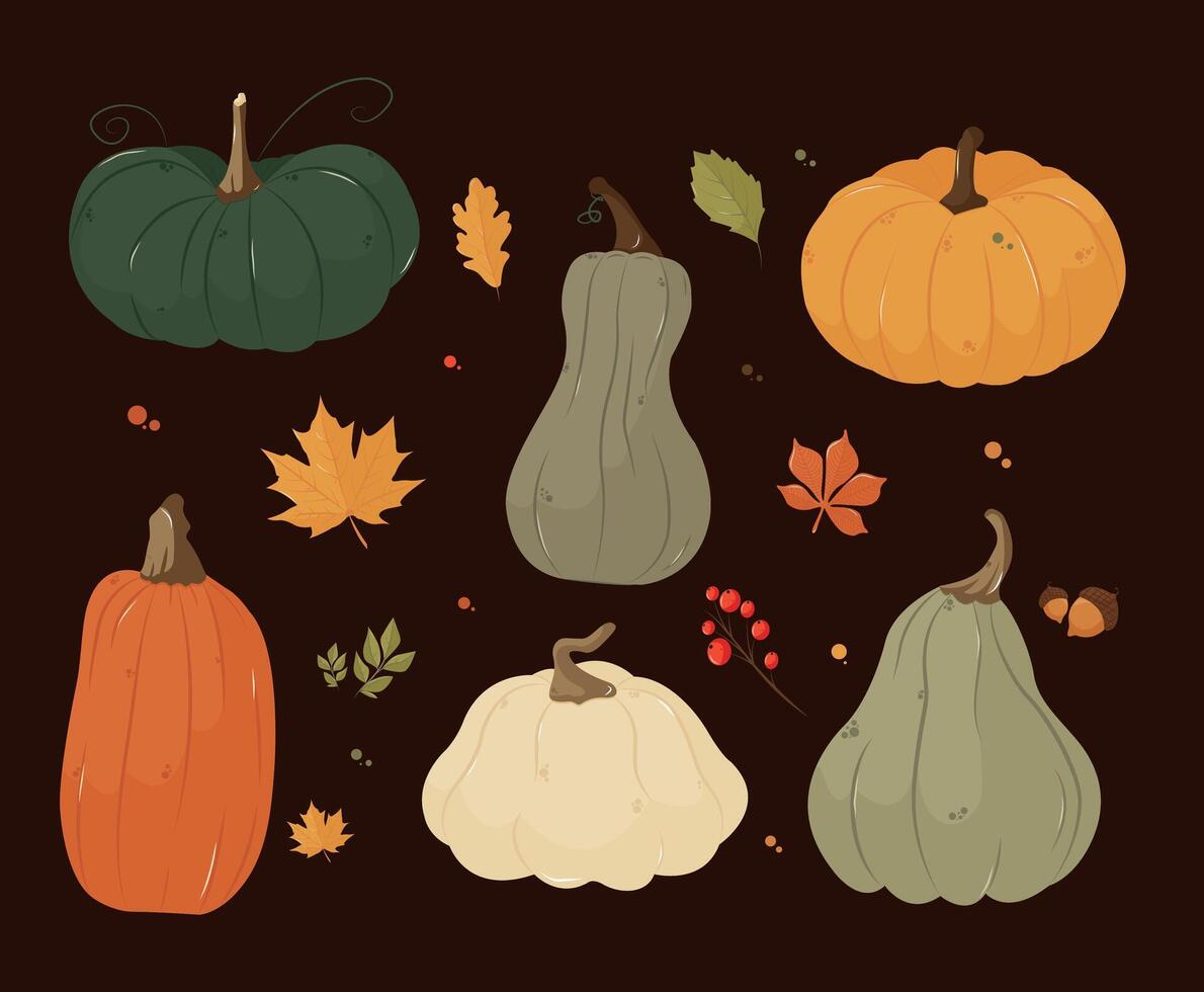 Set of cartoon icons with autumn leaves, berries and pumpkins.On a dark brown background. EPS 10 vector