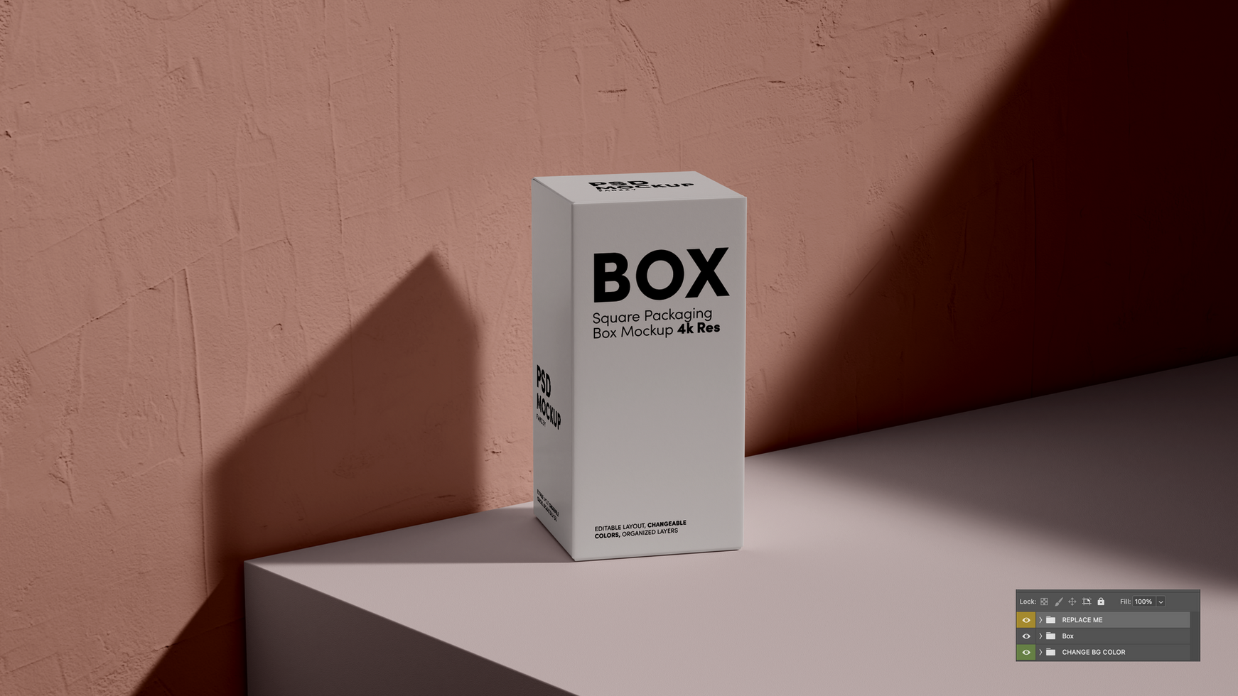 Box mockup on a table with a shadow psd