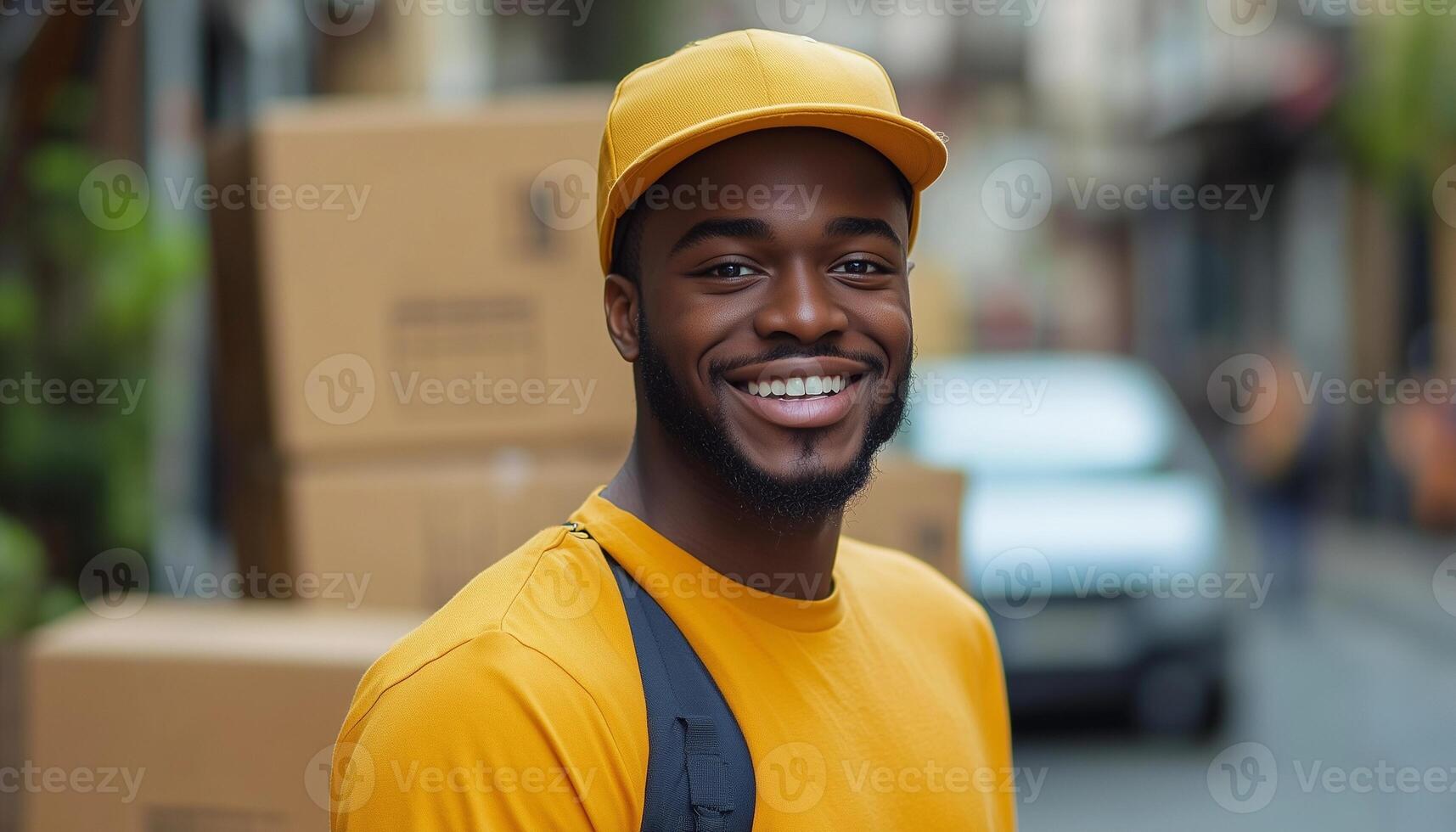 A smiling black man in a yellow shirt and hat photo