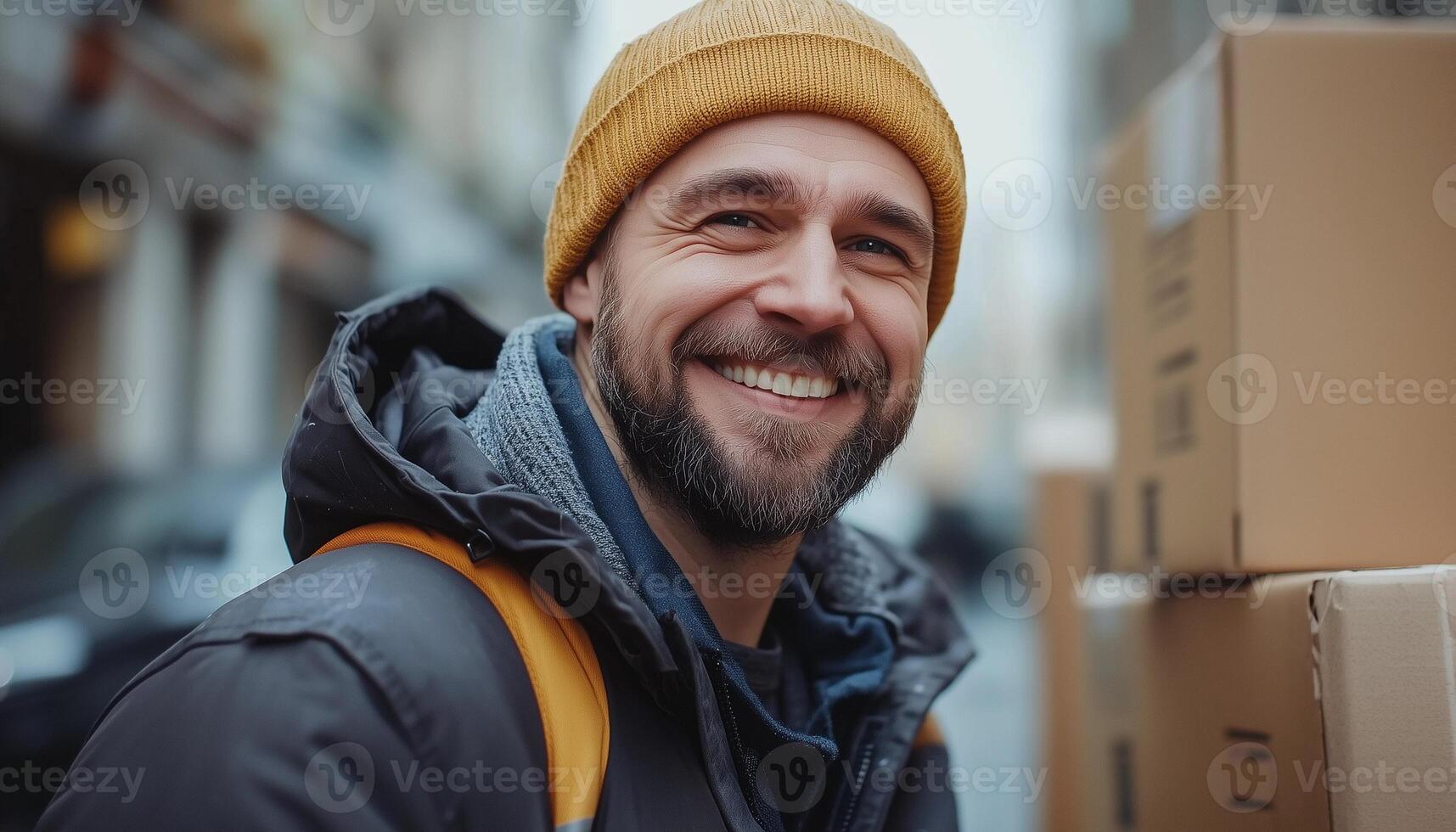 A smiling man with boxes in his hands photo