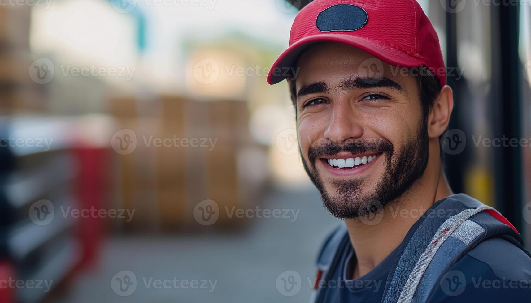 A smiling man in a red hat and a red cap photo