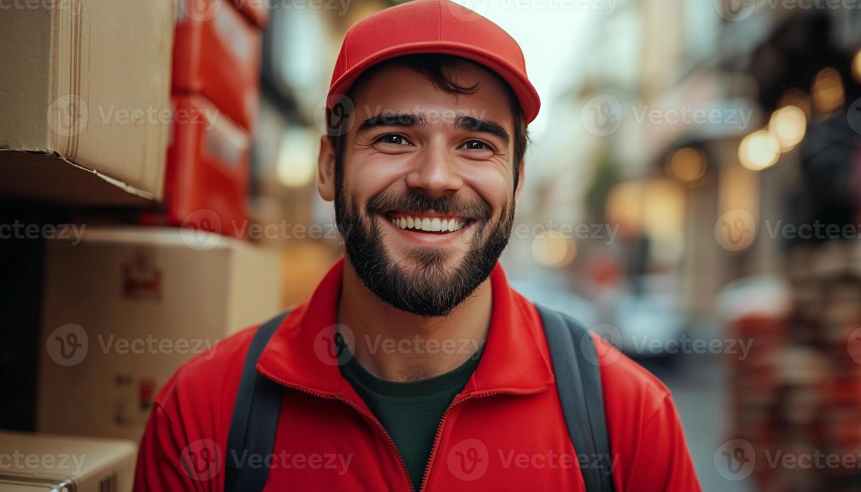 A smiling delivery man in a red hat photo