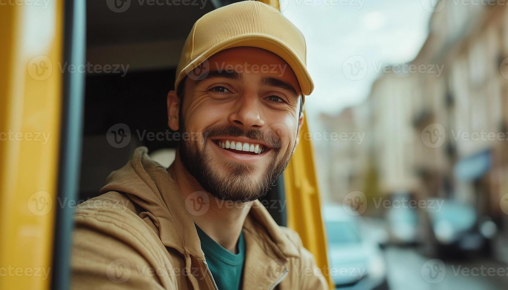 A smiling man in a yellow hat sitting in a van photo