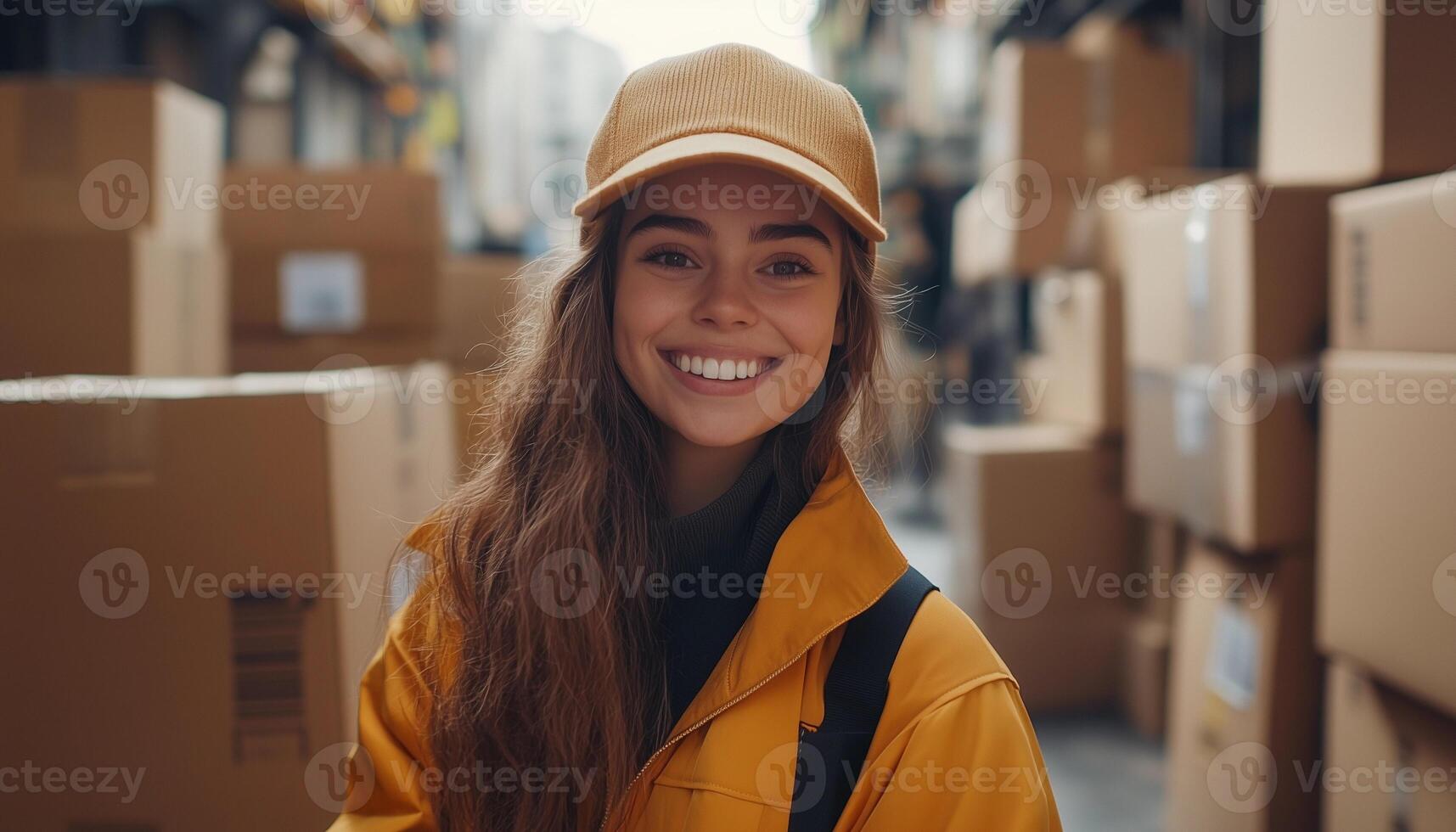 A smiling woman in a yellow jacket and hat in a warehouse photo