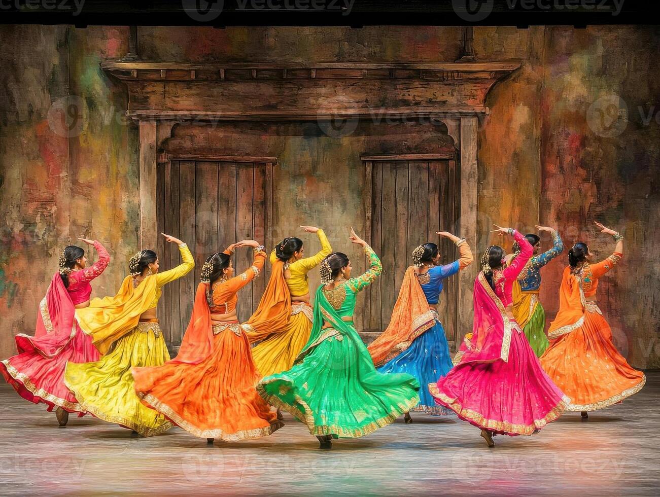 Colorful Bollywood dance sequence, elaborate set and costumes photo
