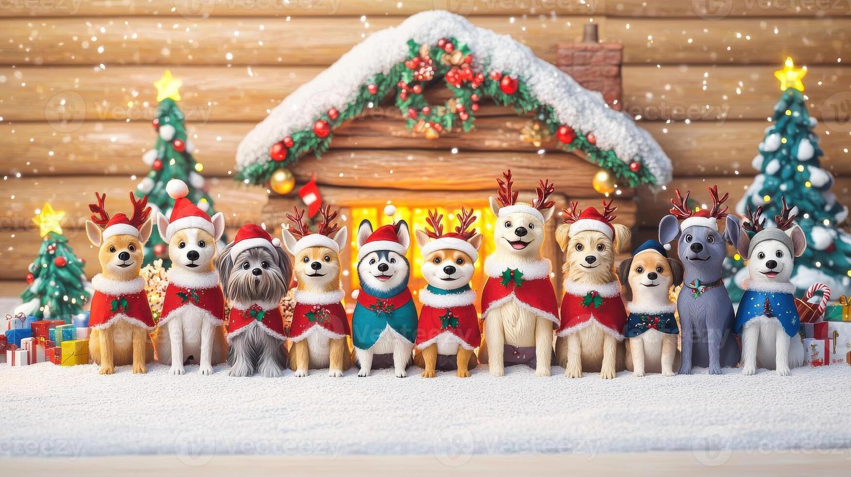 Group of different dog breeds dressed as reindeer photo