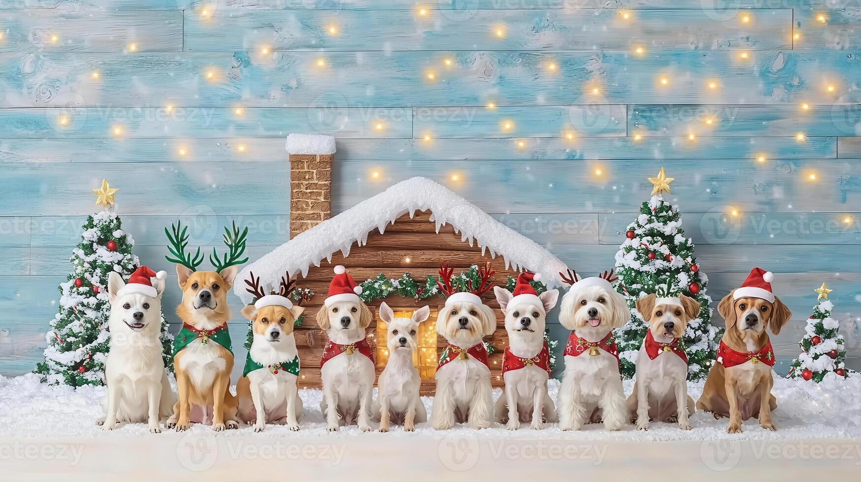 Group of different dog breeds dressed as reindeer photo