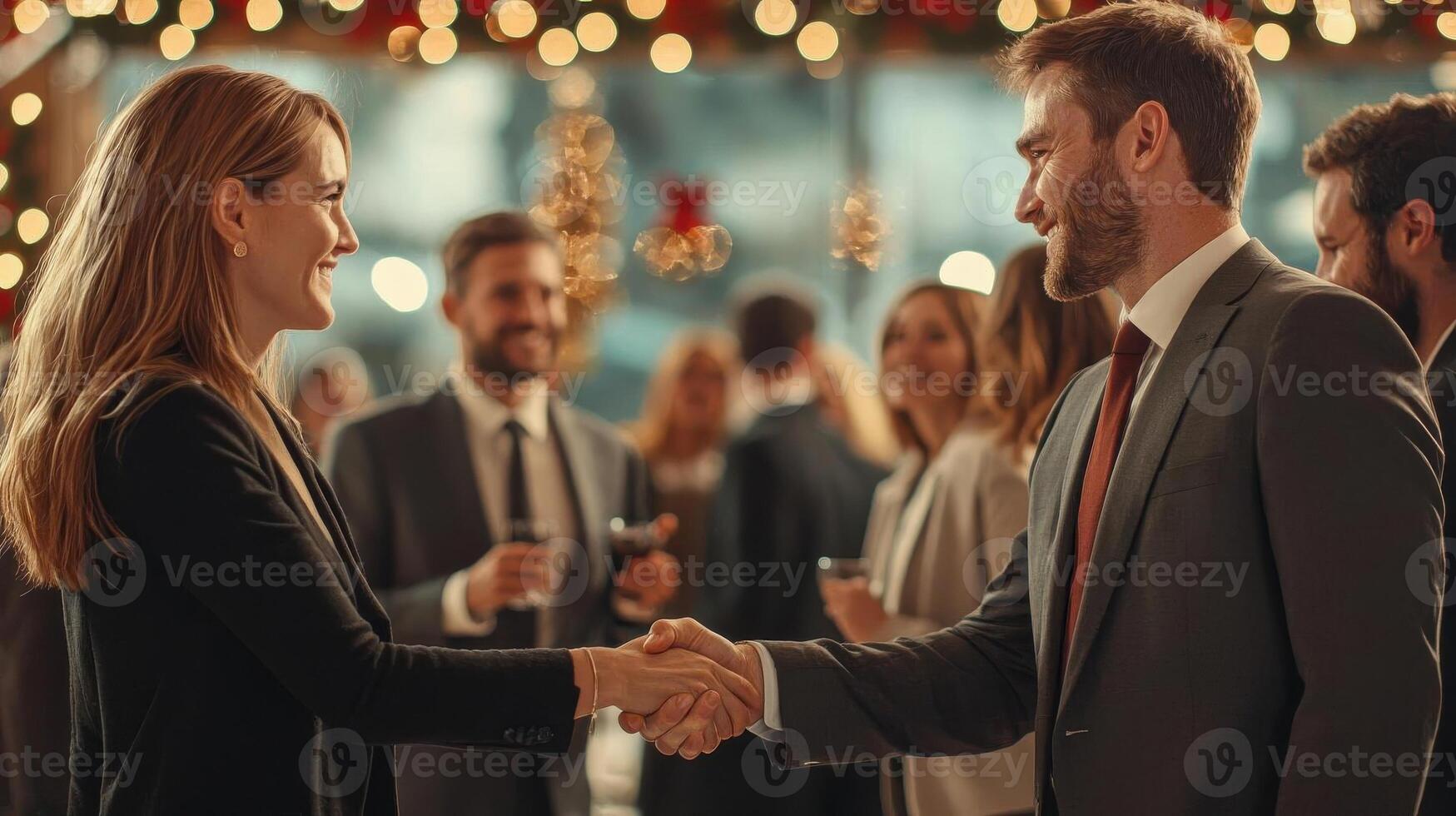 Business executives shaking hands at a holiday networking event photo