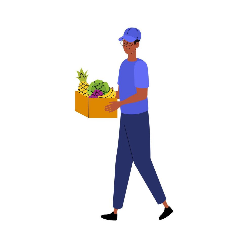 A person delivering a box of fresh fruits and vegetables in a cheerful residential neighborhood vector