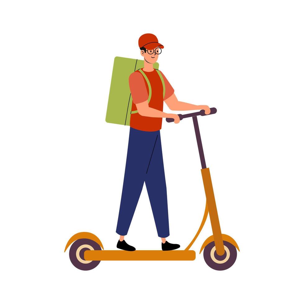 Delivery person riding an electric scooter with a backpack in a vibrant urban setting vector